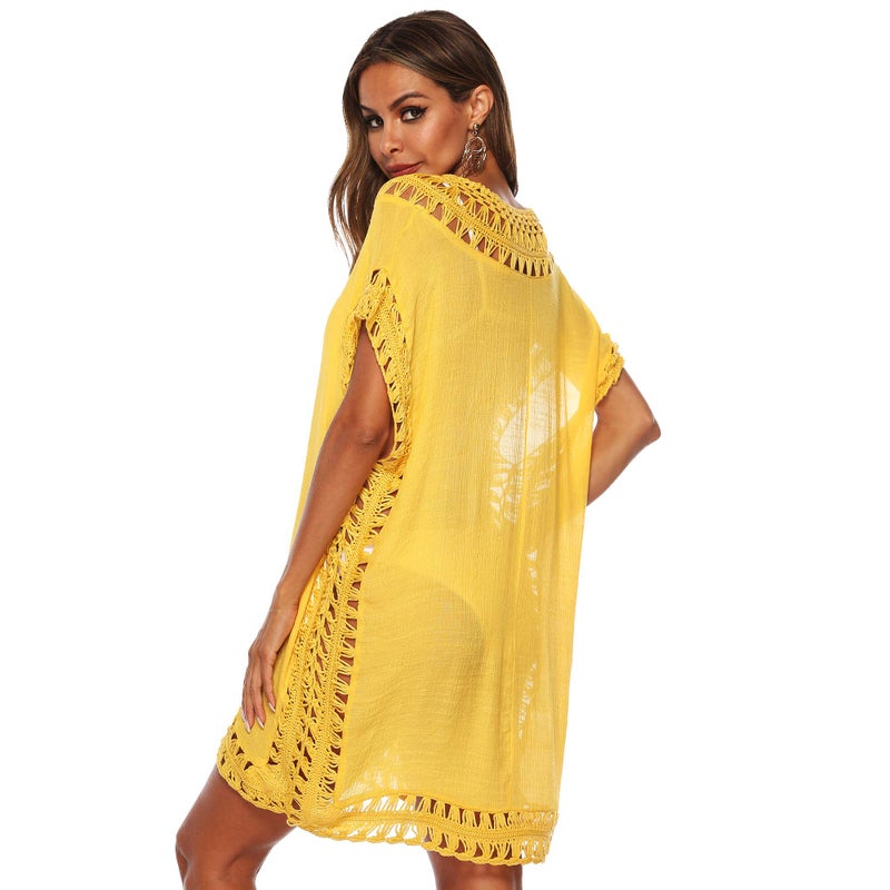 SIAEAMRG Swimsuit Cover Ups for Women, V Neck Hollow Out Swim Coverup Crochet Chiffon Summer Beach Dress (Yellow, One-Size) - Image 2